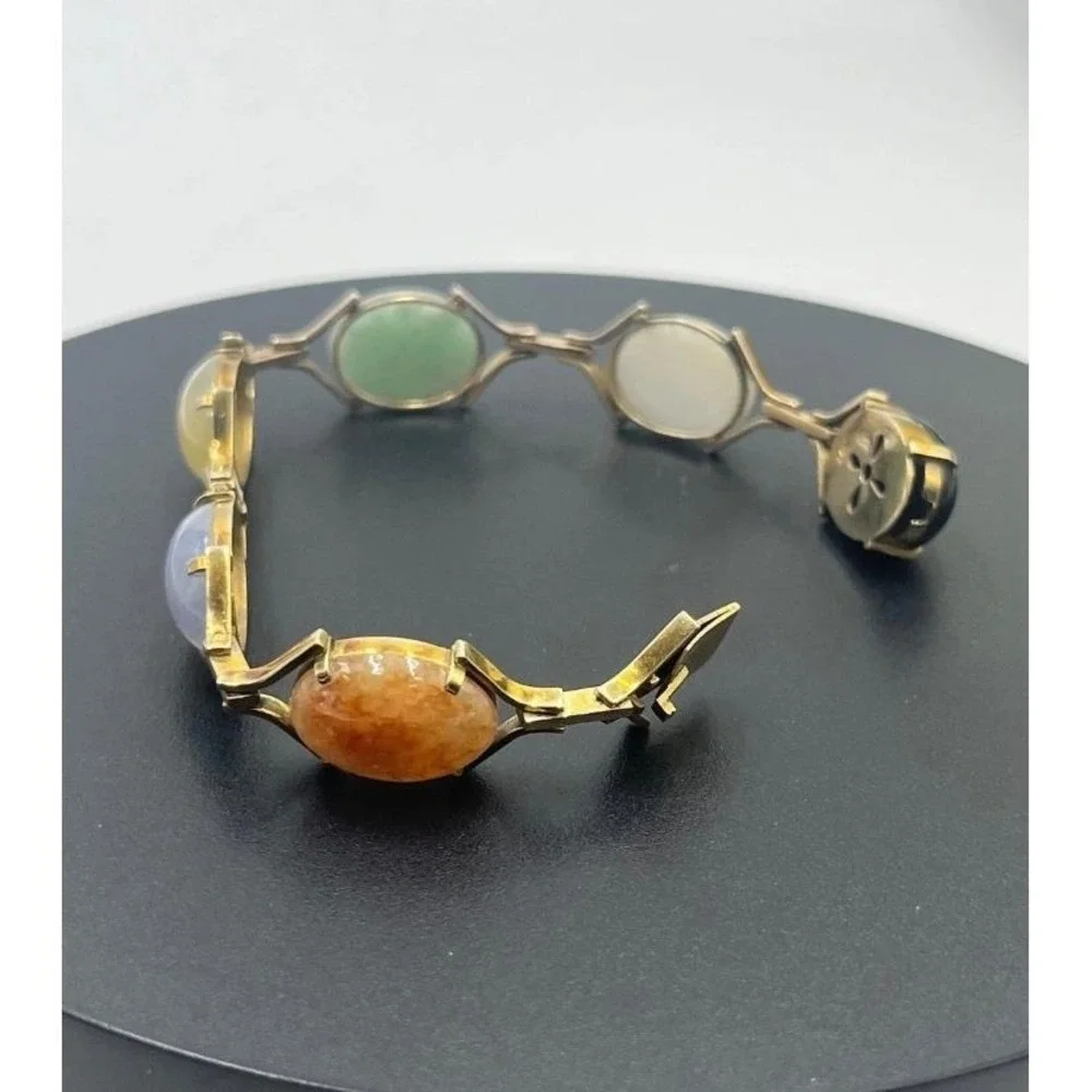 14K Gold Clasp Jade‎ Multi Color Jadeite Stone Cabochon Vintage 10-12k Bracelet